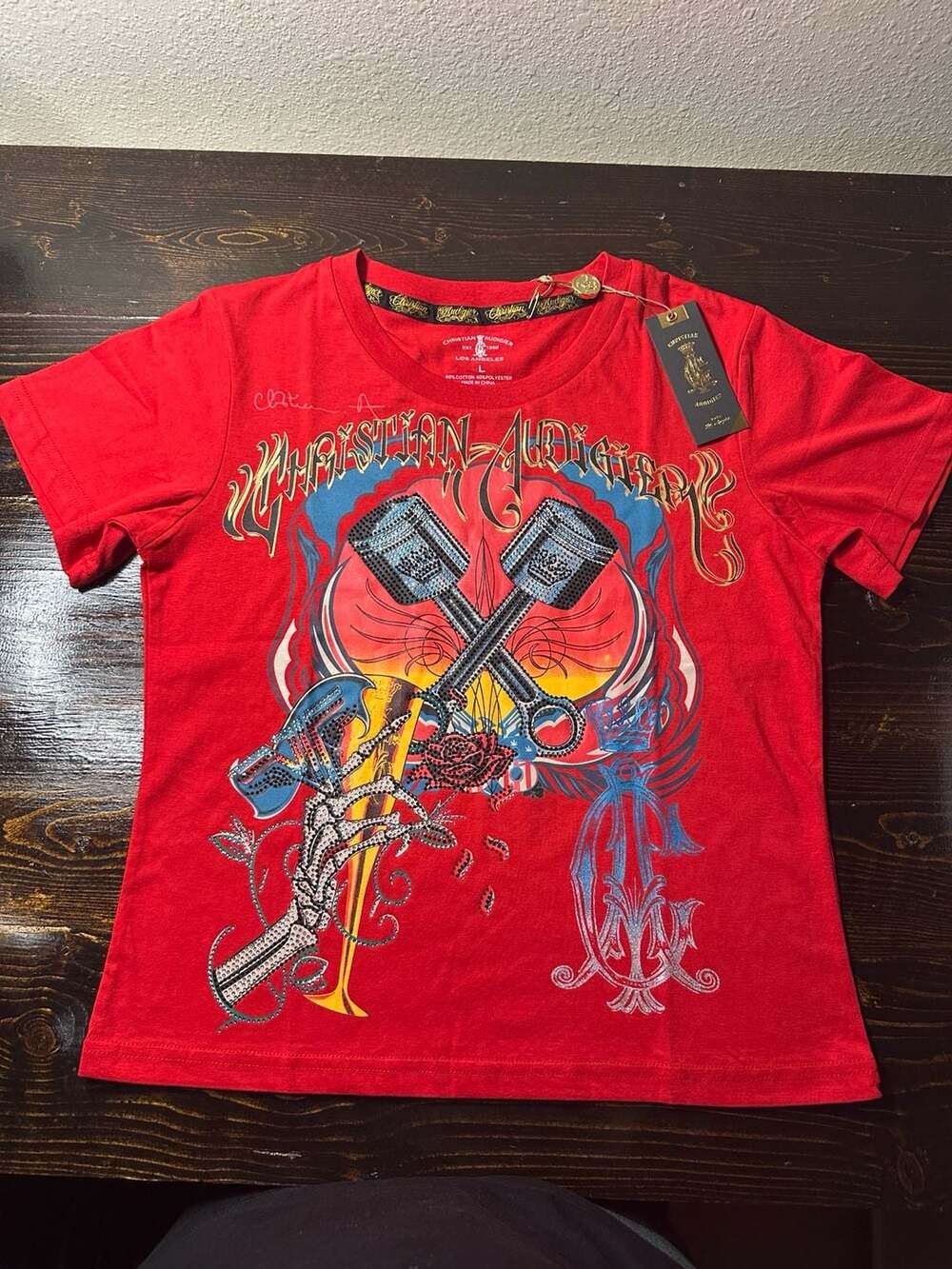 Y2K Christian Audigier Red Rhinestone Piston Graphic T-Shirt Size L